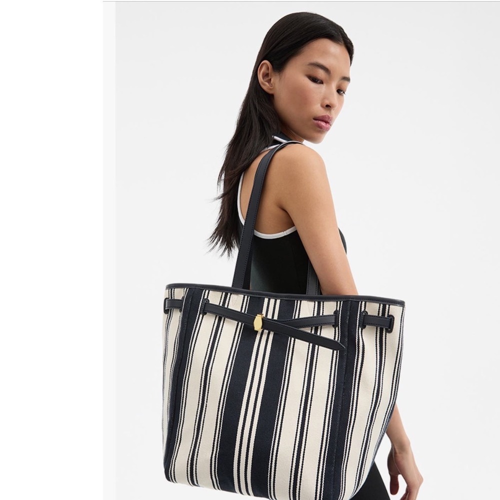 Veronica Beard Stripe Canvas Dash Tote Bag Navy White Striped Leather Trim Large